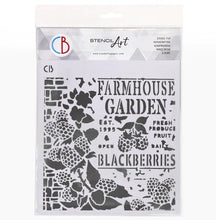 Load image into Gallery viewer, Ciao Bella - Texture Stencil 8x8 - Farmhouse Garden. Stencil Art line is designed to add layering textures and designs to your projects. This mask has images of blackberries and text. Perfect for paper crafting, scrapbooking and mixed media projects. Available at Embellish Away located in Bowmanville Ontario Canada.