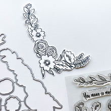 Charger l'image dans la galerie, Catherine Pooler - Stamp and Die Set - Corner Swag Floral. Add a beautiful flourish to your card with the Corner Swag Floral Stamp & Die Set. This set has two main corner stamps you can use alone or together to create a beautiful floral frame or swag. Available at Embellish Away located in Bowmanville Ontario Canada.