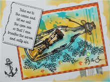 Charger l'image dans la galerie, Woodware - Clear Singles - Message in a Bottle. This clear stamp set designed by Francoise Read produces a variety of nautical themed images, including a message in a bottle, a lighthouse, rope, bubbles and the sentiments "By the Sea" and "Dream". Available at Embellish Away located in Bowmanville Ontario Canada. Example by brand ambassador.