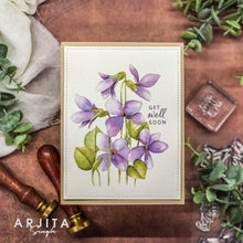 Load image into Gallery viewer, Gina K. Designs - Stamp & Die Set - Blue Violets. Blue Violet is a stamp set by Arjita Singh. This set is made of premium clear photopolymer and measures 6" X 8". The die set gives you the ability to cut out and layer, creating texture to your creation. Available at Embellish Away located in Bowmanville Ontario Canada. Example by brand ambassador.