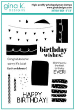 Charger l'image dans la galerie, Gina K. Designs - Stamps - Birthday Bash. Birthday Bash is a stamp set by Gina K Designs. This set is made of premium clear photopolymer and measures 6" X 8". Made in the USA Coordinating die set Birthday Bash sold separately. FEATURES Birthday, Cake, Candle, Banner, Layering Available at Embellish Away located in Bowmanville Ontario Canada.