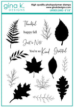 Load image into Gallery viewer, Gina K. Designs - Stamps - Layered Leaves. Layered Leaves is a stamp set by Hannah Drapinski. This set is made of premium clear photopolymer and measures 6" X 8". Made in the USA. Available at Embellish Away located in Bowmanville Ontario Canada.