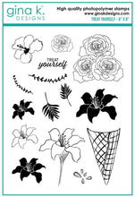 Cargar imagen en el visor de la galería, Gina K. Designs - Stamps - Treat Yourself. Treat Yourself is a stamp set by Lisa Hetrick. This set is made of premium clear photopolymer and measures 6" X 8". Made in the USA Coordinating die set sold separately. Available at Embellish Away located in Bowmanville Ontario Canada.