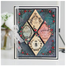 Cargar imagen en el visor de la galería, amie Rodgers Canvas Collection Diamond die set to create easy to build canvas and frame effects on your projects. They are easy to construct and incredibly versatile, simply fold on the score lines and glue to create focal points for your projects. Includes 4 dies. Size: 4.6" x 3.4". Available at embellishaway.ca in Bowmanville Ontario Canada. Card Example