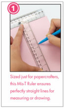 Load image into Gallery viewer, My Sweet Petunia - MIS-T Rulers. Designed and sized for papercrafters, the My Sweet Petunia Mis-T Ruler includes metric and imperial clear T rulers, with multiple units of measure, an inset steel ruler for cutting and a see through design that allows you to get perfect lines and cuts every time. Metal edge for cutting, Centering ruler on short and long side of T-square, Short side of the T-ruler is 5 inches, Long side is 6.25 inches. Available at Embellish Away located in Bowmanville Ontario Canada.