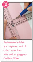 Load image into Gallery viewer, My Sweet Petunia - MIS-T Rulers. Designed and sized for papercrafters, the My Sweet Petunia Mis-T Ruler includes metric and imperial clear T rulers, with multiple units of measure, an inset steel ruler for cutting and a see through design that allows you to get perfect lines and cuts every time. Metal edge for cutting, Centering ruler on short and long side of T-square, Short side of the T-ruler is 5 inches, Long side is 6.25 inches. Available at Embellish Away located in Bowmanville Ontario Canada.