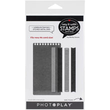 Cargar imagen en el visor de la galería, PhotoPlay - Say It With Stamps Die Set - #6 Notebook & Banner. This die set will add beautiful accents to greeting cards, scrapbook pages, papercrafts and more. This package contains a set of five etched metal dies. Sizes range from .5 inch by 5.15 inches to 3.25 inches by 6 inches. Imported. Available at Embellish Away located in Bowmanville Ontario Canada.