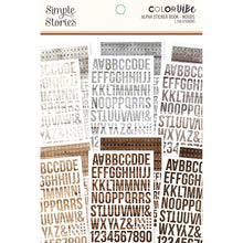 Load image into Gallery viewer, Simple Stories - Color Vibe - Alpha Sticker Book - 12/Sheets - Woods, -1758/Pkg. Paint your life with the very best colors! An epic party of color with lots of vibrant reds, blues, greens, yellow's, pinks and everything in between! Each individual 5.5x8.75 sticker book includes 12 sheets of stickers, 1758 total stickers in a variety of wood designs and colors. Imported. Available at Embellish Away located in Bowmanville Ontario Canada.