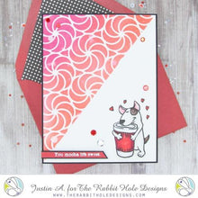 Load image into Gallery viewer, The Rabbit Hole Designs - 6x6 Stencil - Candy Twist. The Rabbit Hole Designs is proud to bring you our Made in the U.S.A 6x6 Stencils that will soon become an essential in your paper crafting and mixed media projects. You can paint, spray, mist, spritz, airbrush, sponge, doodle, mask, and so more! Available at Embellish Away located in Bowmanville Ontario Canada. Card design by Justin A.