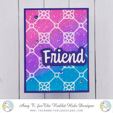 Load image into Gallery viewer, The Rabbit Hole Designs - Dies - Friend. This package includes 2 dies, 1 shadow and 1 script. Coordinates with Friend - Scripty 3x4 Stamp Set and Friend - Scripty Word Hot Foil Plate. Available at Embellish Away located in Bowmanville Ontario Canada. Example by Amy T.