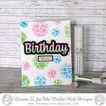 Cargar imagen en el visor de la galería, The Rabbit Hole Designs - Stamp Set - Birthday - Scripty - 3x4. Deeply etched, clear photopolymer stamps for precise placement. The word Birthday is sized so that it may be stamped onto the shadow layer from the coordinating dies (sold separately). Made in USA. Coordinates with Birthday - Scripty Word with Shadow Layer Dies. Available at Embellish Away located in Bowmanville Ontario Canada. Card design by Lauren Z.