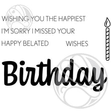 Cargar imagen en el visor de la galería, The Rabbit Hole Designs - Stamp Set - Birthday - Scripty - 3x4. Deeply etched, clear photopolymer stamps for precise placement. The word Birthday is sized so that it may be stamped onto the shadow layer from the coordinating dies (sold separately). Made in USA. Coordinates with Birthday - Scripty Word with Shadow Layer Dies. Available at Embellish Away located in Bowmanville Ontario Canada.