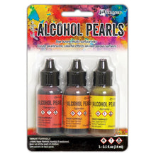 Load image into Gallery viewer, Tim Holtz - Alcohol Ink Pearls Kits - 3 per Pack - Select from Drop Down. Each Kit sold separately. Tim Holtz Alcohol Pearls are permanent, fast drying, pigment and dye inks formulated to create pearlescent colorful effects. Ideal for use on Alcohol Ink Yupo, as well as Alcohol Ink Cardstock, Foil Cardstock, Glossy Paper, and more. Apply Alcohol Pearls to metal, glass, and glazed tiles for limitless creative possibilities. WARNING: Flammable, irritant, vapor harmful.