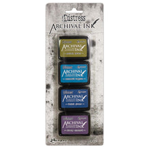Charger l'image dans la galerie, Tim Holtz - Distress Archival Mini Ink Kit. These inks are ideal for various craft and mixed-media projects. This 3.25x8 inch package contains four waterproof, fade resistant ink pads that measure 1.25x1.75 inches each. Conforms to ASTM D4236. Made in the USA. Available at Embellish Away located in Bowmanville Ontario Canada. Colours: Peeled Paint, Mermaid lagoon, Faded Jeans, Dusty Concord.