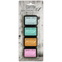 Charger l'image dans la galerie, Tim Holtz - Distress Archival Mini Ink Kit. These inks are ideal for various craft and mixed-media projects. This 3.25x8 inch package contains four waterproof, fade resistant ink pads that measure 1.25x1.75 inches each. Conforms to ASTM D4236. Made in the USA. Available at Embellish Away located in Bowmanville Ontario Canada. Colours: Speckled Egg, Evergreen Bough, Wild Honey, Kitsch Flamingo.