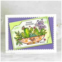Load image into Gallery viewer, Woodware - 4"x6" Clear Singles Stamp - Plant Display. On trend stamp with a display of succulents with a love theme. Add a personal touch with your favourite colouring medium and the fun words. Designed by Francoise Read. These stamps would be perfect for cards and scrapbook pages as well as mixed media or fun décor projects. Available at Embellish Away located in Bowmanville Ontario Canada. Card design by Francoise Read.