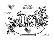 Load image into Gallery viewer, Woodware - 4"x6" Clear Singles Stamp - Plant Display. On trend stamp with a display of succulents with a love theme. Add a personal touch with your favourite colouring medium and the fun words. Designed by Francoise Read. These stamps would be perfect for cards and scrapbook pages as well as mixed media or fun décor projects. Available at Embellish Away located in Bowmanville Ontario Canada.