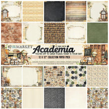 Load image into Gallery viewer, 49 And Market - Collection Pack 12"X12" - Academia. The 12x12 Collection pack consists of 10 sheets of double-sided heavy weight cardstock, 1 of each pattern plus an exclusive pattern on the inside of cover sheet. Available at Embellish Away located in Bowmanville Ontario Canada.
