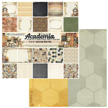 Load image into Gallery viewer, 49 And Market - Collection Pack 12"X12" - Academia. The 12x12 Collection pack consists of 10 sheets of double-sided heavy weight cardstock, 1 of each pattern plus an exclusive pattern on the inside of cover sheet. Available at Embellish Away located in Bowmanville Ontario Canada.

