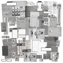 Load image into Gallery viewer, 49 And Market - Ephemera Stackers - Color Swatch: Charcoal. These ephemera stackers are an assortment of text weight papers and cardstock pieces and are ideal for layering to create multi dimensional elements on your scrapbooking layouts or in journals. Available at Embellish Away located in Bowmanville Ontario Canada.
