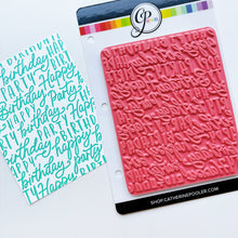 Charger l'image dans la galerie, Catherine Pooler - Background Stamp - Block &amp; Script Birthday. This stamp mixes fonts repeating "happy birthday" and "party"- create beautiful texture on your project. Ink up the stamp in multiple colors or try white embossing and ink blending over top. Available at Embellish Away located in Bowmanville Ontario Canada.
