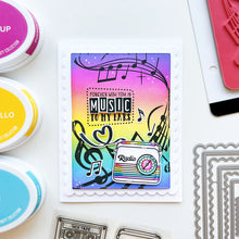 將圖片載入圖庫檢視器 Catherine Pooler - Background Stamp - On Staff. Add some dancing notes to your card background with the On Staff Background Stamp. This red rubber stamp features a winding music staff pattern with notes and musical icons. Available at Embellish Away located in Bowmanville Ontario Canada. Card example by brand ambassador.

