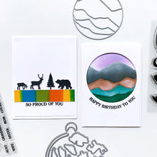 Load image into Gallery viewer, Catherine Pooler - Die - Circle Landscape. Take your scene building up a level with the Circle Landscape Die by adding a backdrop of mountains or water. Or just to add some fun pops of colour. Available at Embellish Away located in Bowmanville Ontario Canada. Example by brand ambassador.
