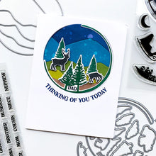 Load image into Gallery viewer, Catherine Pooler - Die - Circle Landscape. Take your scene building up a level with the Circle Landscape Die by adding a backdrop of mountains or water. Or just to add some fun pops of colour. Available at Embellish Away located in Bowmanville Ontario Canada. Example by brand ambassador.
