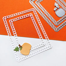 Load image into Gallery viewer, Catherine Pooler - Dies - Fall Frames. Add a rope look frame to your fall card or project with the Fall Frames Dies. This die features two sizes of rope dies and an additional pumpkin die set with the stem and vine. Available at Embellish Away located in Bowmanville Ontario Canada. Example by brand ambassador.
