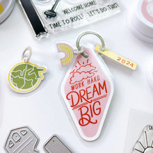 Load image into Gallery viewer, Catherine Pooler - Dies - Suite Motel Key. Create your own Suite Motel Key set with these fun dies. The dies include a key die, tags and "metal" keyring dies for so many fun layering options. Available at Embellish Away located in Bowmanville Ontario Canada. Example by brand ambassador.
