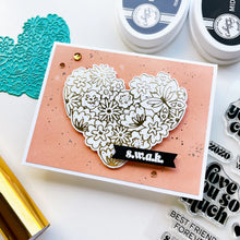 Charger l'image dans la galerie, Catherine Pooler - Stamp &amp; Die Set - Hearts Aflutter. Set someone's heart aflutter with this beautiful stamp set and coordinating dies! The Hearts Aflutter Stamps features a large, line-art heart made of flowers and a butterfly. Available at Embellish Away located in Bowmanville Ontario Canada Example by brand ambassador.
