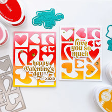 Load image into Gallery viewer, Catherine Pooler - Hot Foil Plates and Dies - Sweet Nothings. Add a foiled sentiment to your next Valentine project with the Sweet Nothings Hot Foil Plates. Featuring a large "love you so much" and "happy Valentine's day" , a small "s.w.a.k" and "xoxo". Available at Embellish Away located in Bowmanville Ontario Canada. Example by brand ambassador.
