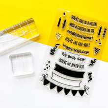 गैलरी व्यूवर में इमेज लोड करें, Catherine Pooler - Pieces &amp; Sentiments Stamp &amp; Die Set - Party. Add banners and sentiments to all of you cards with the Party Pieces &amp; Sentiments Stamp Set! Pair it with the Fruitfully Frosted Stamp Set for a fun fruit cake design. Available at Embellish Away located in Bowmanville Ontario Canada
