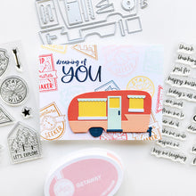 Cargar imagen en el visor de la galería, Catherine Pooler - Sentiments Stamp &amp; Die Set - Wilderness Collector. Travel badges. Available at Embellish Away located in Bowmanville Ontario Canada. Example by brand ambassador.
