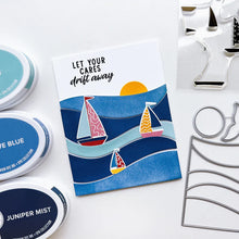 Load image into Gallery viewer, Catherine Pooler - Stamp Set - Sail Away. Create a colorful sailboat scene with the Sail Away 6x8 Stamp Set. This 4 step layering set will allow you to mix and match color combos to create 6 sailboats. Available at Embellish Away located in Bowmanville Ontario Canada. Example by brand ambassador.
