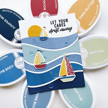 Load image into Gallery viewer, Catherine Pooler - Stamp Set - Sail Away. Create a colorful sailboat scene with the Sail Away 6x8 Stamp Set. This 4 step layering set will allow you to mix and match color combos to create 6 sailboats. Available at Embellish Away located in Bowmanville Ontario Canada. Example by brand ambassador.
