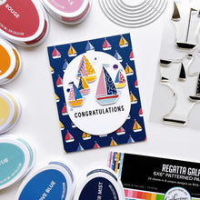 Load image into Gallery viewer, Catherine Pooler - Stamp Set - Sail Away. Create a colorful sailboat scene with the Sail Away 6x8 Stamp Set. This 4 step layering set will allow you to mix and match color combos to create 6 sailboats. Available at Embellish Away located in Bowmanville Ontario Canada. Example by brand ambassador.
