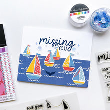 Load image into Gallery viewer, Catherine Pooler - Stamp Set - Sail Away. Create a colorful sailboat scene with the Sail Away 6x8 Stamp Set. This 4 step layering set will allow you to mix and match color combos to create 6 sailboats. Available at Embellish Away located in Bowmanville Ontario Canada. Example by brand ambassador.
