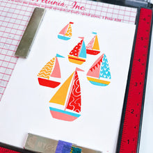 Load image into Gallery viewer, Catherine Pooler - Stamp Set - Sail Away. Create a colorful sailboat scene with the Sail Away 6x8 Stamp Set. This 4 step layering set will allow you to mix and match color combos to create 6 sailboats. Available at Embellish Away located in Bowmanville Ontario Canada.
