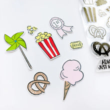 Charger l'image dans la galerie, Catherine Pooler - Stamp &amp; Die Set - Admit Two. The Admit Two Stamp Set and Dies features all the yummy fair classics like cotton candy and soft pretzels. It also has other festive elements like a pinwheel and the first place ribbon. Available at Embellish Away located in Bowmanville Ontario Canada.
