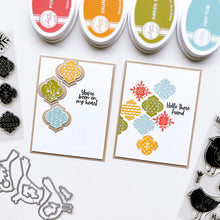 Charger l'image dans la galerie, Catherine Pooler - Stamp &amp; Die Set - Arabesque Pieces. This Set has patterned shapes for creating backgrounds and beautiful embellishments. The included sentiments of Love you more and Keep smiling are just the extra little touch your cards will need. Available at Embellish Away located in Bowmanville Ontario Canada Example by brand ambassador.
