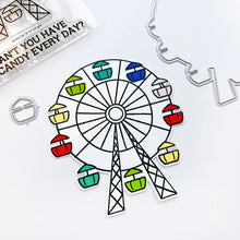 Load image into Gallery viewer, Catherine Pooler - Stamp &amp; Die Set - At the Fair. The icon of the fair coming to town is the Ferris Wheel. The At the Fair Stamp Set and coordinating dies features a Ferris Wheel stamp with a fill in for each car. Available at Embellish Away located in Bowmanville Ontario Canada.
