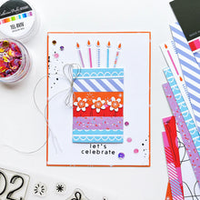 Load image into Gallery viewer, Catherine Pooler - Stamp &amp; Die Set - Birthday Stacks. No birthday is complete without the stacks of cake and presents! The Birthday Stacks 6x8 Set will allow you to stamp and decorate your own cakes or wrapped gifts with its layered design. Available at Embellish Away located in Bowmanville Ontario Canada. Example by brand ambassador.
