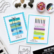 Load image into Gallery viewer, Catherine Pooler - Stamp &amp; Die Set - Birthday Stacks. No birthday is complete without the stacks of cake and presents! The Birthday Stacks 6x8 Set will allow you to stamp and decorate your own cakes or wrapped gifts with its layered design. Available at Embellish Away located in Bowmanville Ontario Canada. Example by brand ambassador.
