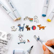 Load image into Gallery viewer, Catherine Pooler - Stamp &amp; Die Set - Boardwalk Cruisers. These perky pal cats and dogs love some fun. This stamp set includes pets that are ready to roll on their skateboard or longboard, play in the sand or eat your dropped ice cream cone! Available at Embellish Away located in Bowmanville Ontario Canada.
