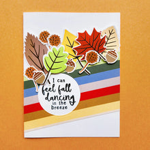 Load image into Gallery viewer, Catherine Pooler - Stamp &amp; Die Set - Changing Leaves. Perfect mid-sized leaves for all your cards and scrapbook pages. Includes 5 solid stamp leaves with separate vein and stem stamps. Includes an acorn, gumball and chestnut to add to your fall card. Available at Embellish Away located in Bowmanville Ontario Canada. Card example by Catherine Pooler Designs.
