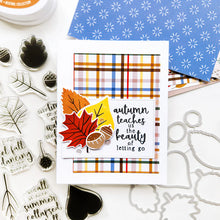 Load image into Gallery viewer, Catherine Pooler - Stamp &amp; Die Set - Changing Leaves. Perfect mid-sized leaves for all your cards and scrapbook pages. Includes 5 solid stamp leaves with separate vein and stem stamps. Includes an acorn, gumball and chestnut to add to your fall card. Available at Embellish Away located in Bowmanville Ontario Canada. Card example by Catherine Pooler Designs.
