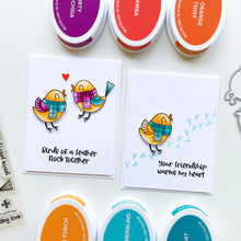 Load image into Gallery viewer, Catherine Pooler - Stamp &amp; Die Set - Flock of Friends. The Flock of Friends Set will warm your heart with its scarf clad birdies and loving sentiments. Use the Flock of Friends Dies to pop out the lovely birdies. Available at Embellish Away located in Bowmanville Ontario Canada Example by brand ambassador.
