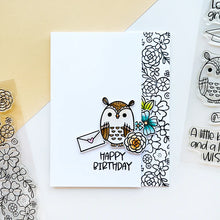 Load image into Gallery viewer, Catherine Pooler - Stamp &amp; Die Set - Floral Fiction. The Floral Fiction Set is full of fun background and decorative elements for birthday, graduation or just because cards Pair these book and flowers with the Owls from the Who's Hoo set. Available at Embellish Away located in Bowmanville Ontario Canada. Example by brand ambassador.
