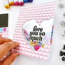 Charger l'image dans la galerie, Catherine Pooler - Stamp &amp; Die Set - Hearts Aflutter. Set someone's heart aflutter with this beautiful stamp set and coordinating dies! The Hearts Aflutter Stamps features a large, line-art heart made of flowers and a butterfly. Available at Embellish Away located in Bowmanville Ontario Canada Example by brand ambassador.
